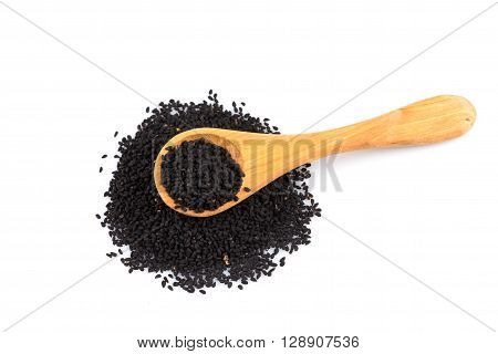 Heap Of Black Sesame On Wooden Spoon