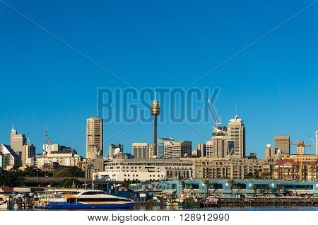 Sydney CBD city view of Sydney Fish Market Glebe and Central Business District with Sydney Tower Centrepoint. Office commercial and residential skyscraper buildings of Sydney NSW Australia