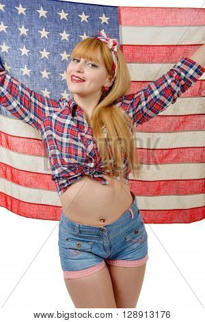 a sexy pin up girl isolated holding an American Flag