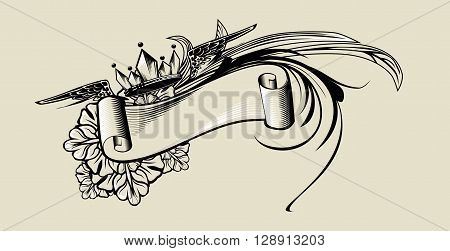 Vintage illustration with flowers and ribbon, crown and wings