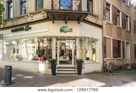 BADEN-BADEN, GERMANY  - MAY 4: Lacoste outlet. Lacoste is a French clothing company founded in 1933. Baden-Baden, May 4, 2016