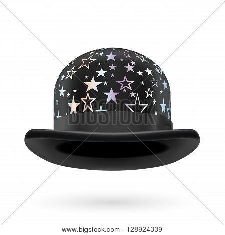 Black round bowler hat with silver glistening stars.