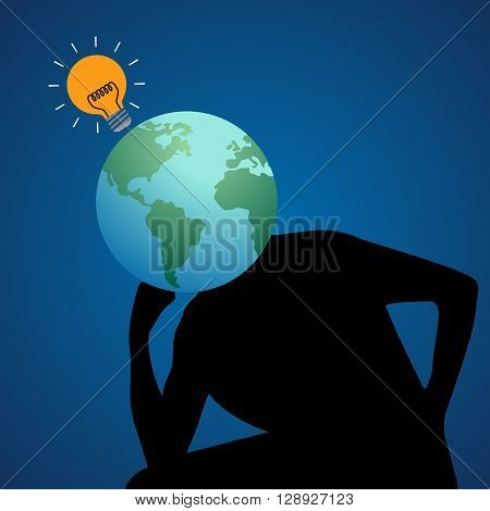 Human and earth head with yellow light bulb