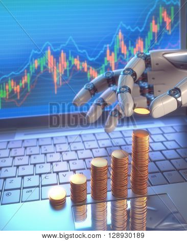 A robotic hand stacks gold coins in a success graph. The laptop screen shows an image concept of a software used in the stock market.