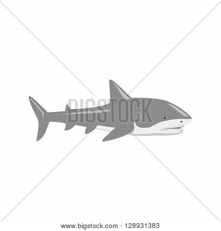 Marine predator shark design flat. Dangerous predator shark with fins and tail and sharp teeth. Aggressive fish creation of nature in black color living in the ocean or the sea. Vector illustration