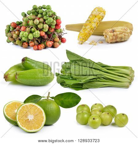 sweet orange Indian gooseberries Bilimbi (Averhoa bilimbi Linn.) waxy corn Chinese mustard Spondias lakhonensis on white background