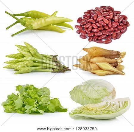 spinach Cabbage Moonflower red beans Fingerroot chili on white background