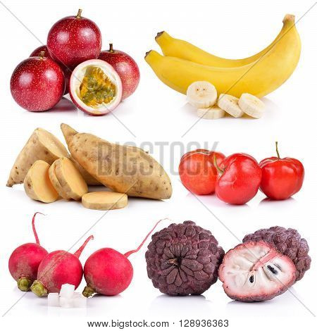 Small radish banana Purple custard apple Ripe thai cherry Sweet potato Passion fruit on white background