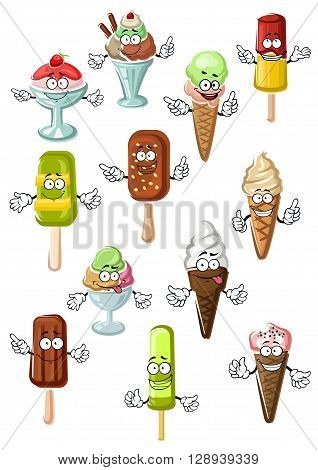 Colorful cartoon ice cream characters with vanilla, strawberry, caramel and pistachio soft serve ice cream cones, refreshing popsicles and chocolate ice cream on sticks, sundae desserts with fresh fruits
