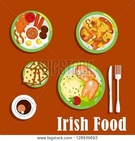 Traditional irish breakfast icon with fried eggs and sausages, baked beans and tomatoes, meat and root vegetables stew, mashed potato topped with boiled pigs feet and cup of coffee with raisin bread barmbrack. Flat style