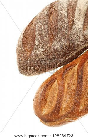 different rye and white flour fresh french bread loaf isolated on white background