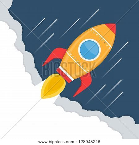 Yellow rocket in space, rocket launch, start-up concept, vector eps10 illustration