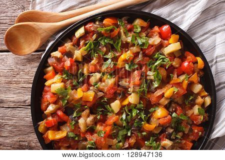 Pistou: Eggplant, Peppers, Tomatoes, Zucchini, Onion Close-up. Horizontal Top View