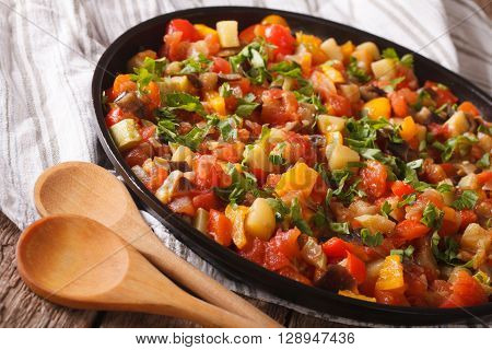 Pistou: Eggplant, Peppers, Tomatoes, Zucchini, Onion Close-up. Horizontal