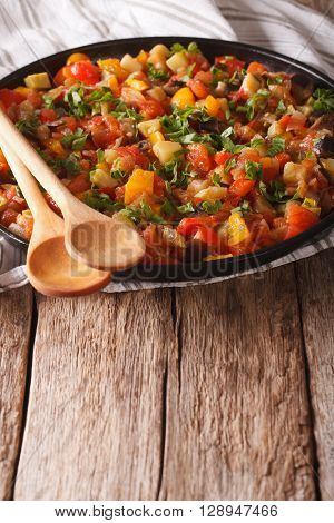 Pistou: Eggplant, Peppers, Tomatoes, Zucchini, Onion Close-up. Vertical