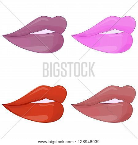 Sweet and sexy lips vector set. Beautiful woman lips with red, brown, pink and purple lipstick. Sexy lips. Sweet and sexy lips make-up