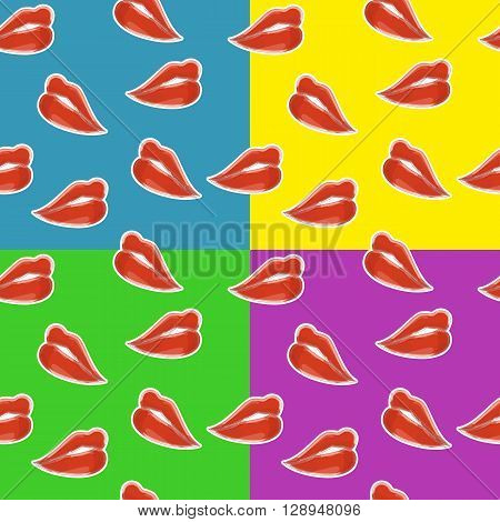 Sweet lips with red lipstick seamless pattern. Beautiful woman lips with red lipstick and gloss. Sweet and sexy lips make-up. Vector pop-art seamless pattern. Set of patterns with woman lips.
