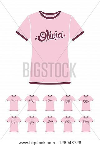 Personal name Olivia. Vector handwritten calligraphy T-Shirt design set