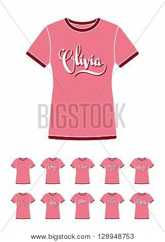 Personal name Olivia. Vector handwritten calligraphy T-Shirt design set