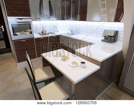 Modern zebrano kitchen design. Elegant kitchen with breakfast bar and chairs. Unusual shapes in cabinets white acrylic countertops and white tiled backsplash. 3D render