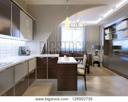 Glossy minimalist kitchen with bar and lounge on background. Zebrano facade furniture unusual shepes white tiled backsplash. 3D render