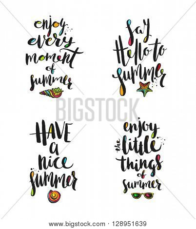 Set of Summer holidays greetings. Summer greeting. Summer quote. Summer vacation. Summer vector. Summer illustration. Summer travel. Summer calligraphy. Summer rest. Tropical summer. Summer lettering.