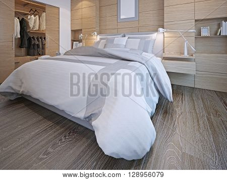 Idea of contemporary bedroom. Master bedroom with walk-in closet. White walls with decorative wood panels hardwood flooring. 3D render