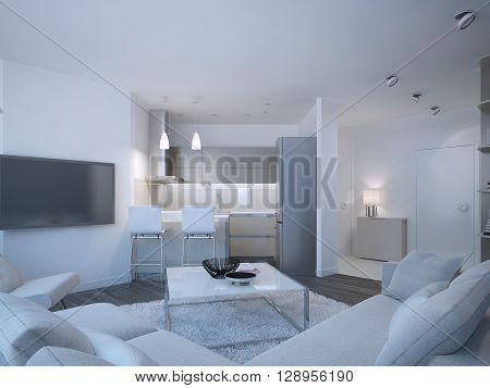Scandinavian apartment studio with small contemporary kitchen. White walls and furniture brown flooring and grey kitchen furniture. 3D render