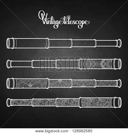 Marine vintage telescope drawn in line art style. Pirate spyglass collection. Ocean vector design isolated on chalkboard