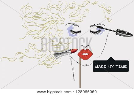 Features woman face with make up artist objects, sketch, hand draw. Time to make up hand drawn poster with lettering. Design elements for advertising of cosmetics. Morning makeup and personal care.