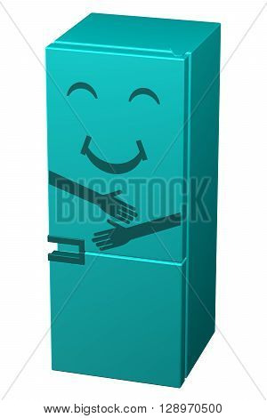 Turquoise smiling refrigerator isolated on white background. 3D rendering.