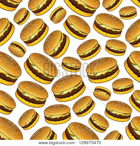Seamless takeaway lunch sandwiches with sesame buns, grilled beef, pickles, onion rings, tomatoes and cheese pattern over white background. Use as fast food, business lunch theme or cafe interior design