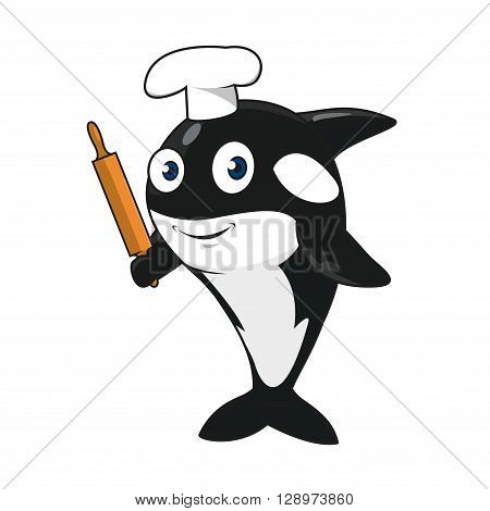 Funny cartoon killer whale baker character in white chef hat standing on tail with wooden rolling pin in fin. Maybe use as restaurant or bakery shop mascot design
