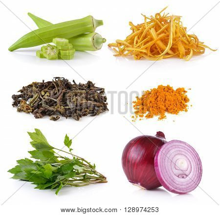 onion White mugwort turmeric green tea slice Fingerroot okra on white background