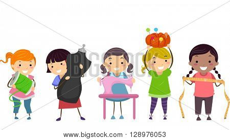 Stickman Illustration of Kids Carrying Sewing Materials