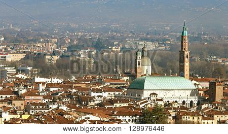 Vicenza, Italy, Panorama Of The City With The Famous Basilica Palladiana And The Clock Tower