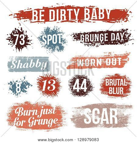 Grungy spots streaks droplets splashe strip. Text just as an example it is a separate layer and can be easily removed.