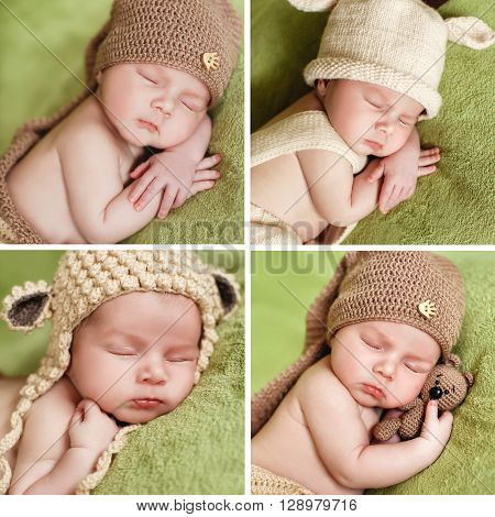 A collage of photos of a sleeping baby in knitted cap,Collage made of four pictures of the baby in a brown knitted cap of a peacefully sleeping on the soft green blanket,putting the pen under his cheek with a brown toy bear