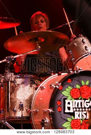 NEW YORK-MAY 6: Drummer Dena Tauriello of Antigone Rising performs onstage at the Paramount on May 6, 2016 in Huntington, New York.