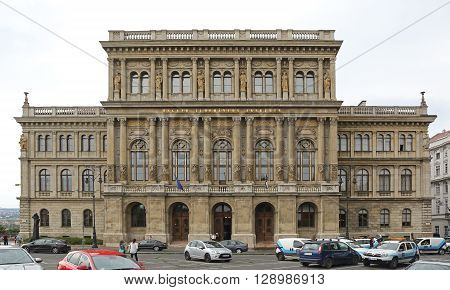 BUDAPEST HUNGARY - JULY 13: The Hungarian Academy of Sciences in Budapest on JULY 13 2015. MTA Education Academy Society Building at the Bank of the Danube River in Budapest Hungary.
