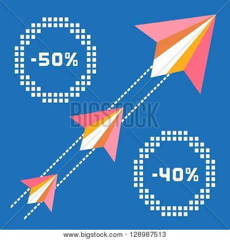 Paper planes. Travel sales advertisement. Origami flying paper airplanes. Traveling sale poster discount promotion banner. Special offer for big sales season. Marketing campaign. Vector illustration