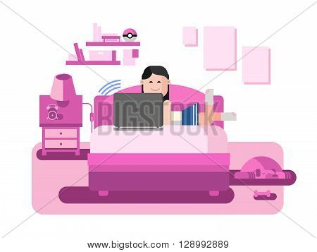 The girl behind the computer. Internet chating, correspondence with smartphone, multimedia conference, flat vector illustration
