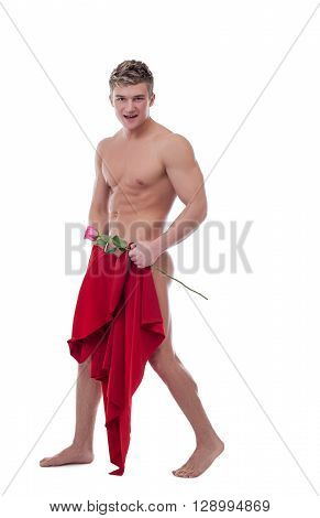 Smiling nude man posing with rose. Isolated on white background