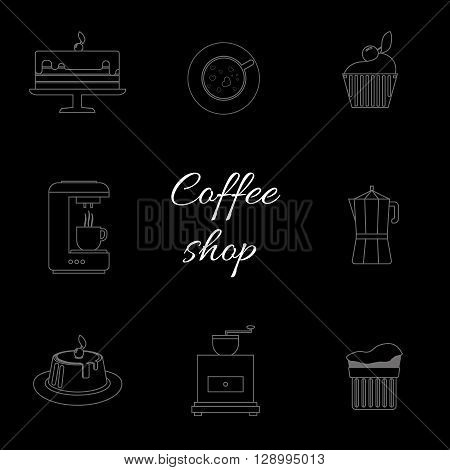 A monochrome set of coffee items cup of coffee with steam cake glass jug jar with coffee shop inscription in outlines over a black background digital vector image