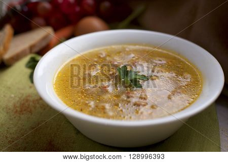 Soup with meat balls, fresh herb in plate
** Note: Visible grain at 100%, best at smaller sizes