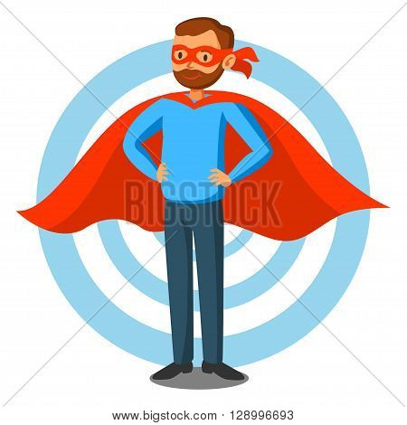 Cartoon superhero man in red cape male superhero programmer superhero. Vector illustration