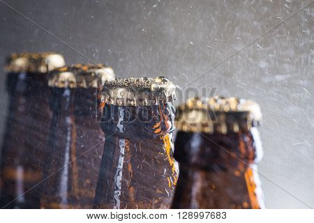 Ice Cold Beer Bottles With Drops Of Dew
