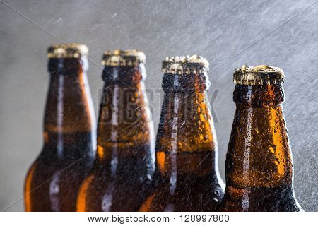 Ice Cold Beer Bottles With Drops Of Dew