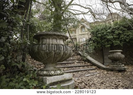 Old Abandoned Greek King Palace With Ruined Neoclassical Architecture