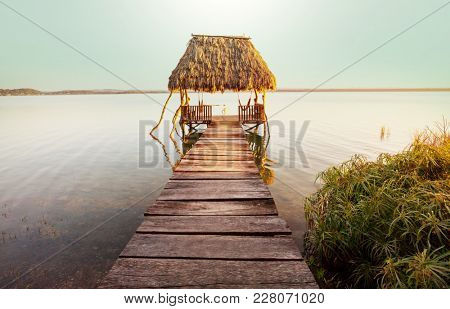 Sunset scene at the lake Peten Itza, Guatemala. Central America.